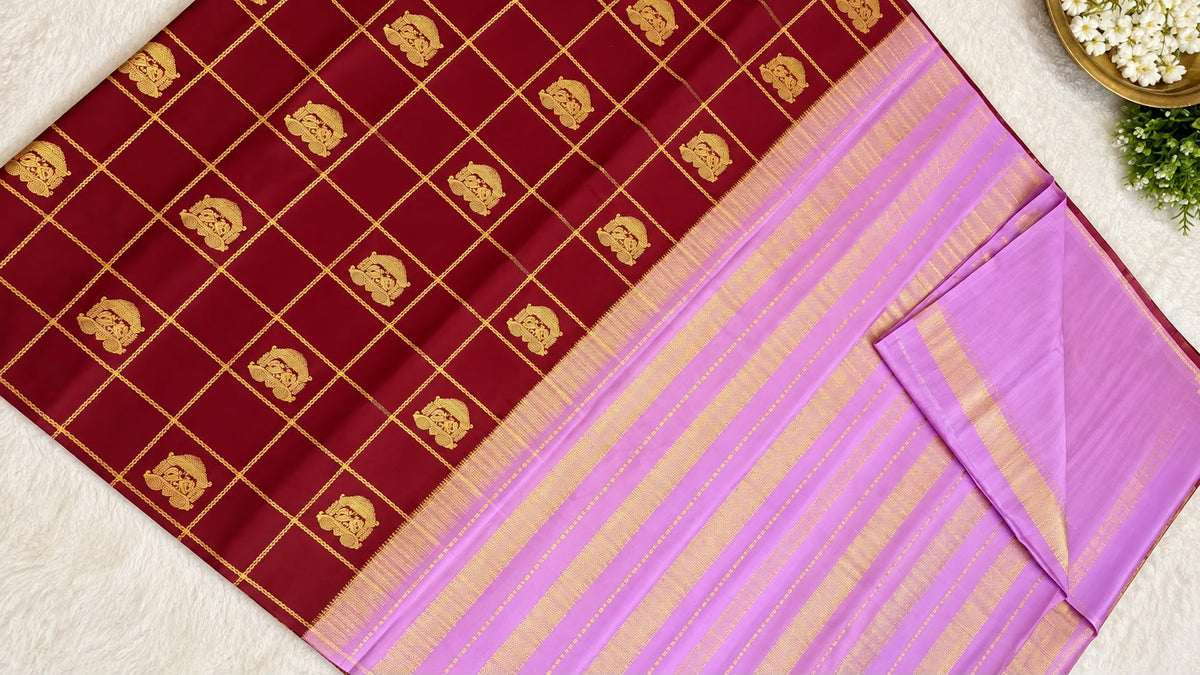 Pure Mysore Crepe Silk Saree – Maroon & Lilac with Golden Zari Checks, Mayil Motifs & Striped Pallu (C023 80)
