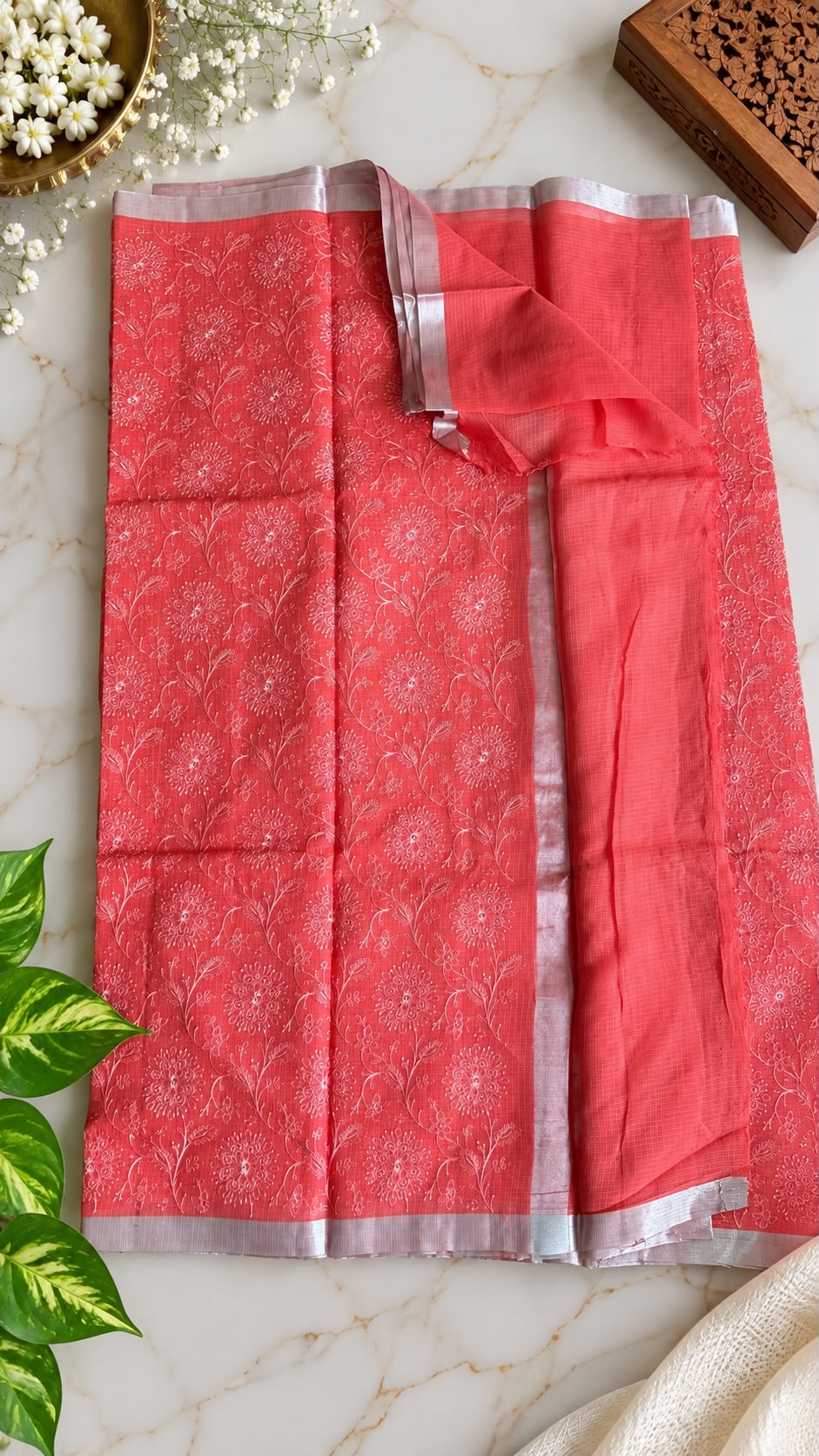 Pure Handloom Kota Doria Saree – Coral Peach with All-Over Floral Mandala Embroidery & Silver Zari Border (C020 051)