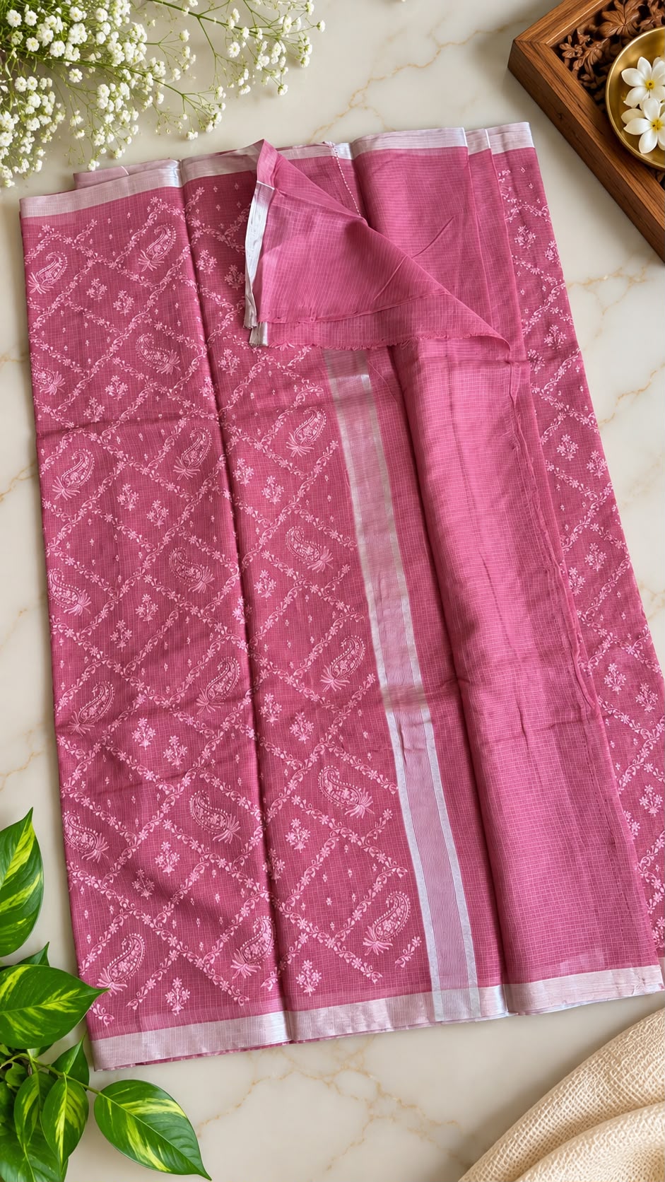 Pure Handloom Kota Doria Saree – Dusty Rose Pink with Chikankari-Inspired Paisley Jaal & Silver Zari Border (C020 054)