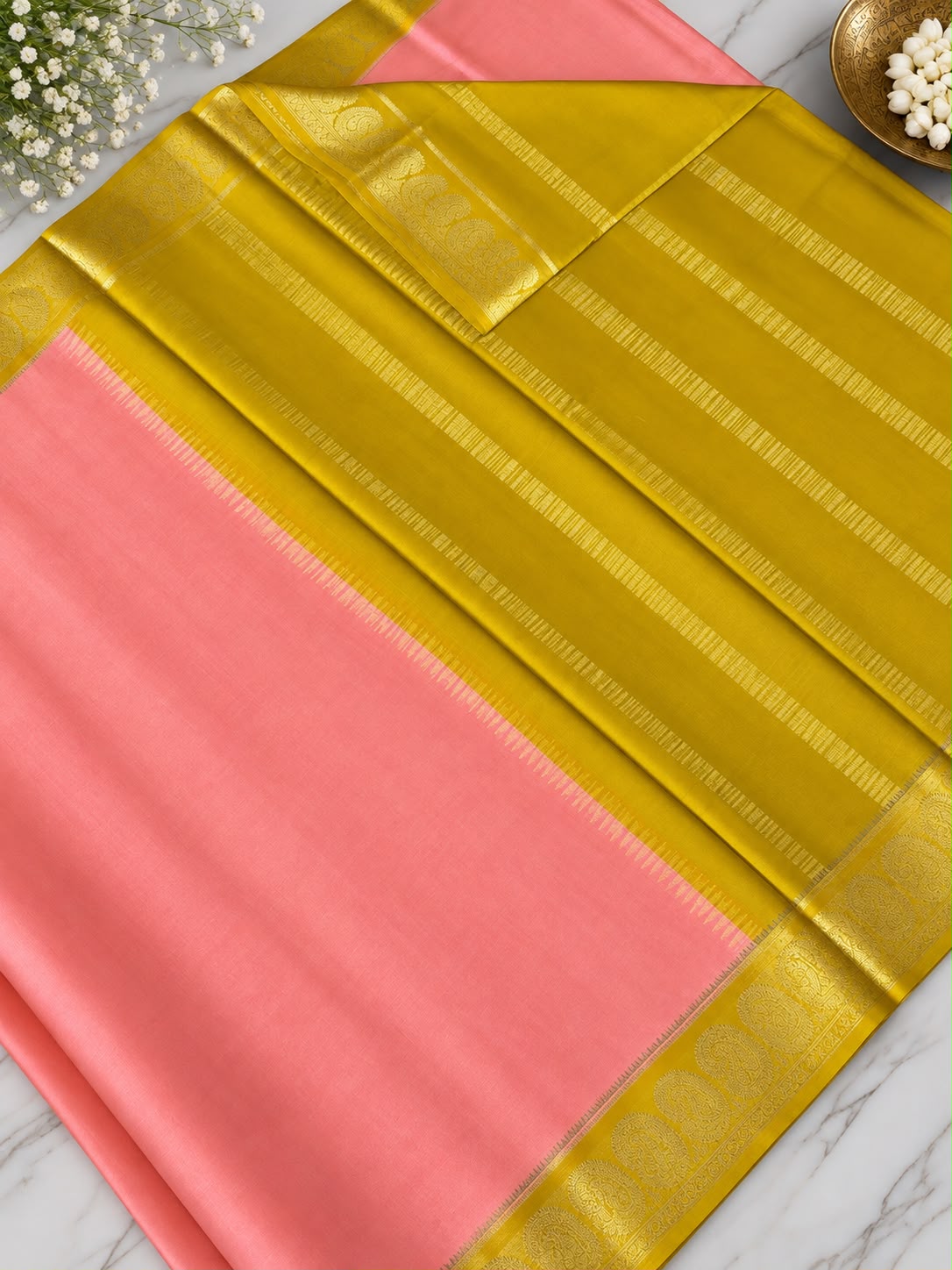 Pure Mysore Crepe Silk Saree – Pastel Pink & Mustard Yellow with Paisley Zari Border & Temple Motif (C023 082)