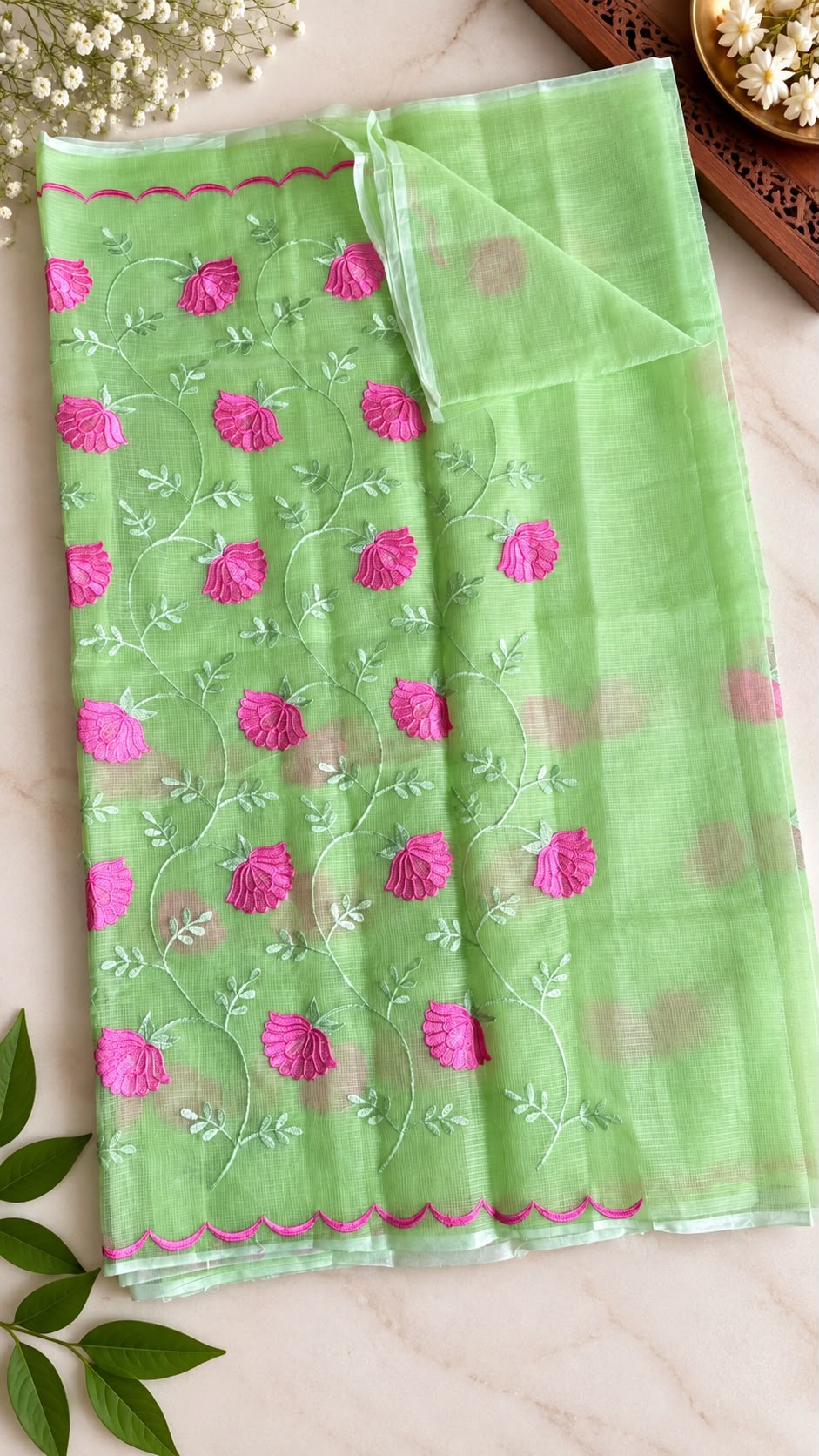 Pure Handloom Kota Doria Saree – Apple Green with Pink Floral Vine Embroidery & Scalloped Border (C09 035)