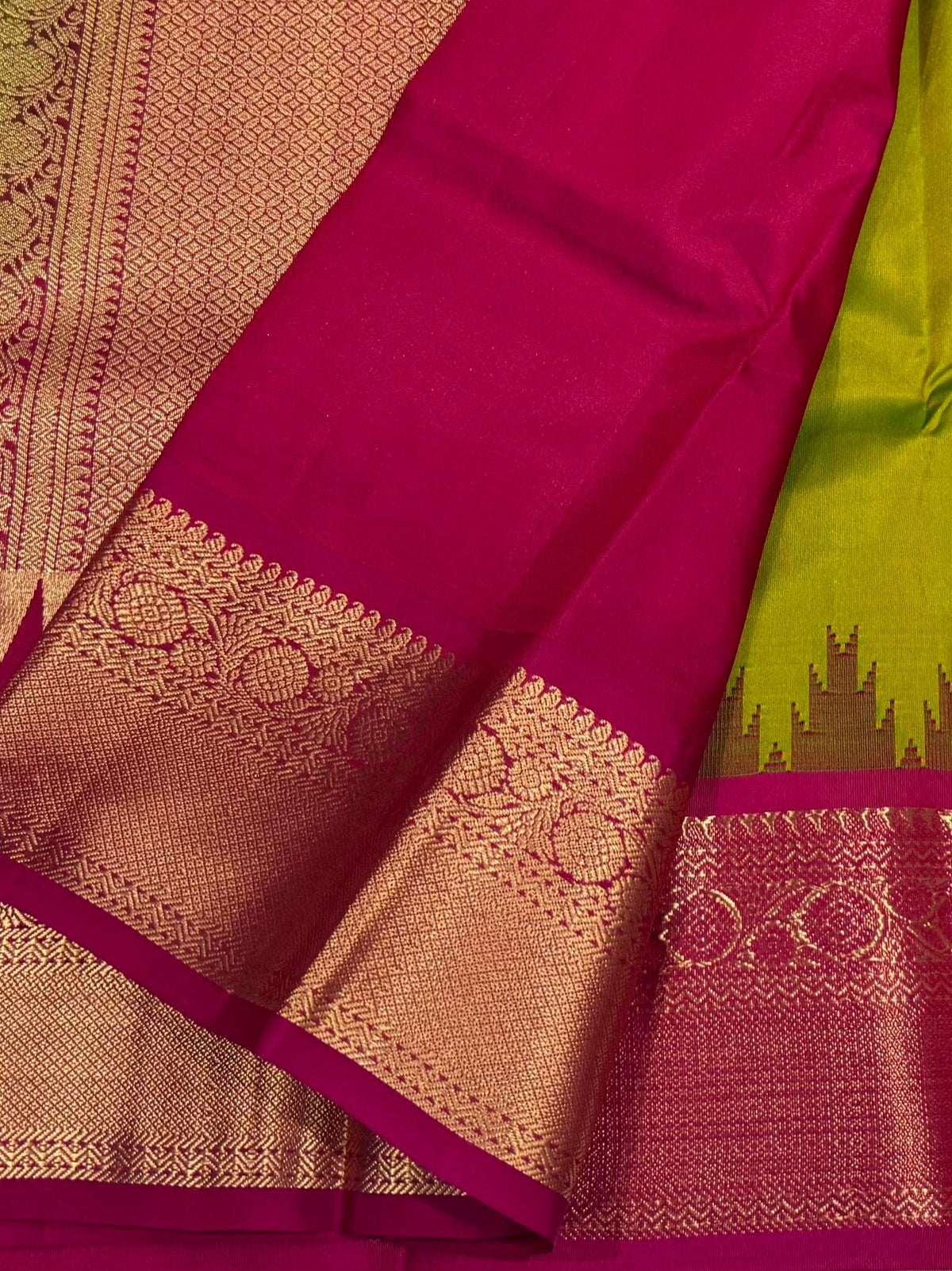 Elegant Lime Green Saree with Contrast Pink Temple Border (co17 59)