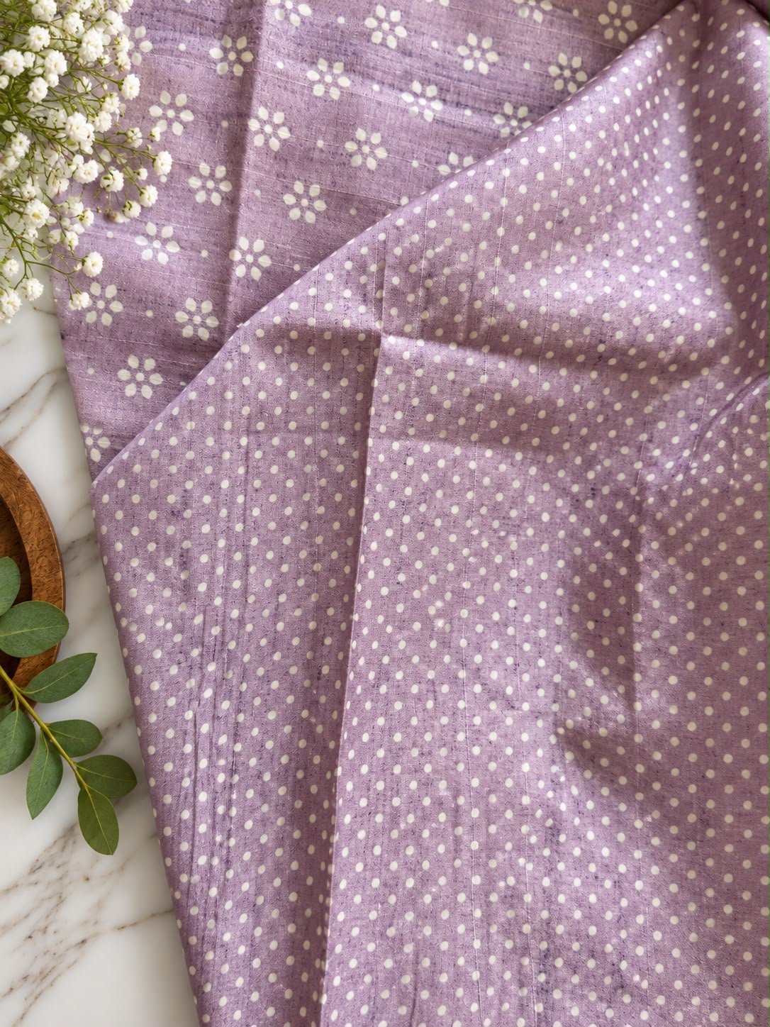 Pure Handloom Tussar Silk Saree – Lavender Lilac with Floral Butis, Polka Accents & Woven Zari Border (C023 042)