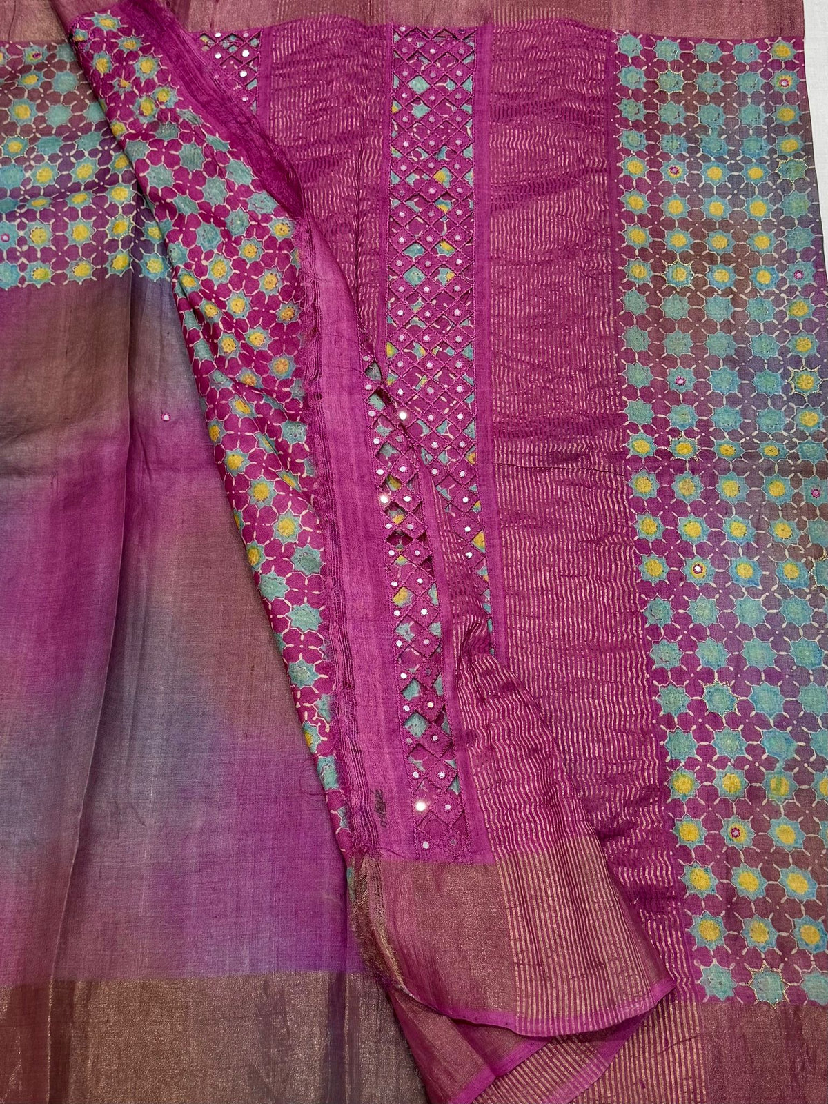 Pure Handloom Tussar Silk Saree – Magenta & Sea Green with Floral Batik Print, Zari Waves & Mirror Cutwork (C017-240)