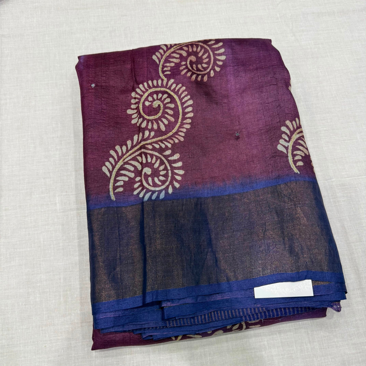Handloom Tussar Silk Saree – Plum & Royal Blue Dual Tone with Cutwork Mirror Embroidery and Batik Motifs (co17 242)