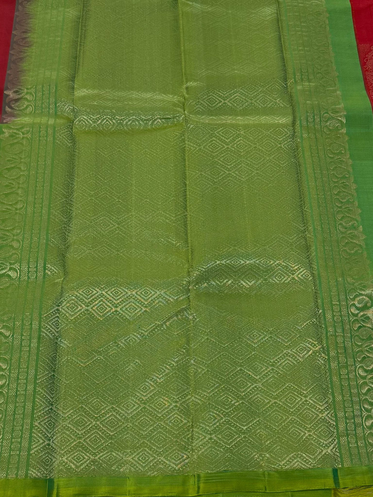 Pure Handloom Kanjivaram Silk Saree – Crimson Red & Parrot Green Half-and-Half Drape (C019-011)