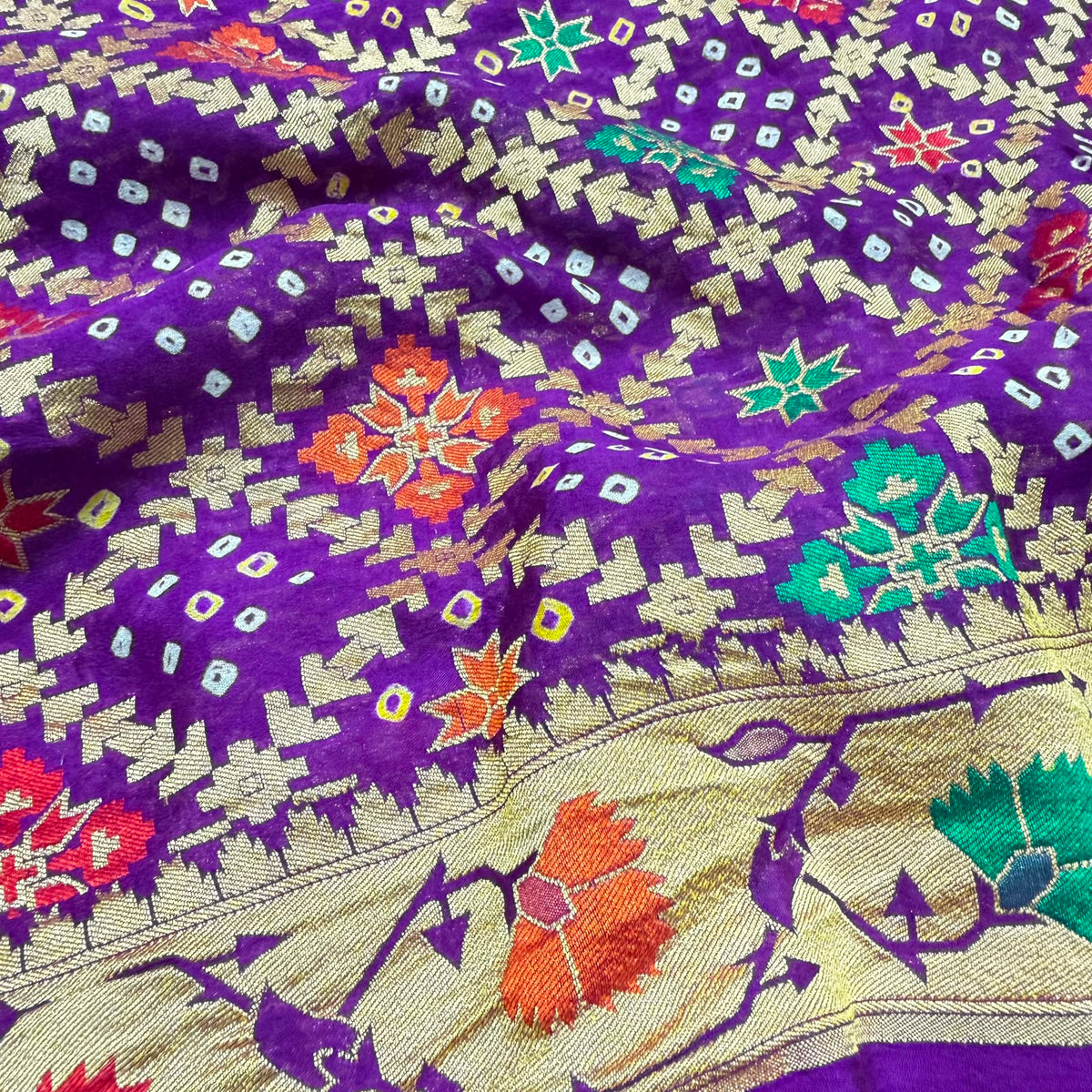 Pure Georgette Banarasi Bandhani Saree – Royal Purple with Meenakari Floral Jaal & Zari Border (co17 274)