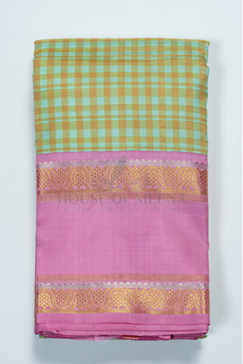 Pure Handloom Kanjivaram Silk Saree – Pastel Mint & Ochre Checks with Lilac Pink Zari Border (C07 054)