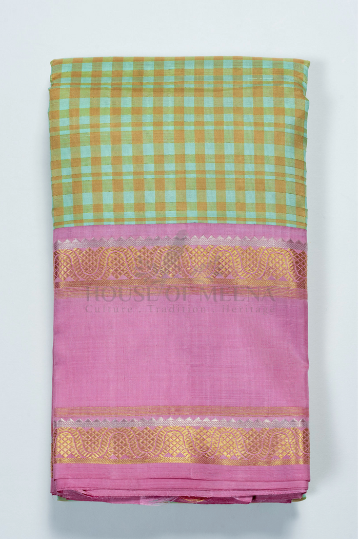 Pure Handloom Kanjivaram Silk Saree – Pastel Mint & Ochre Checks with Lilac Pink Zari Border (C07 054)