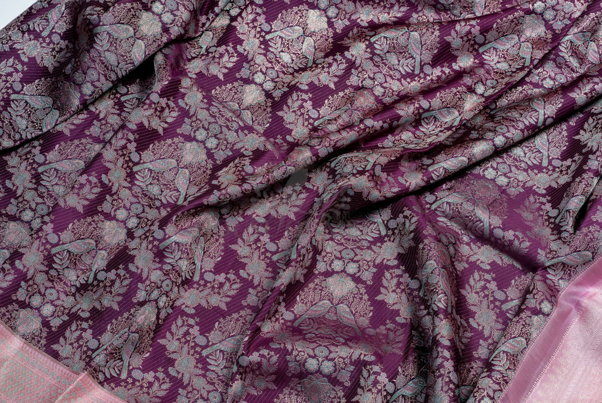 Royal Plum Brocade Saree with Intricate Bird & Floral Motifs (C014 067)