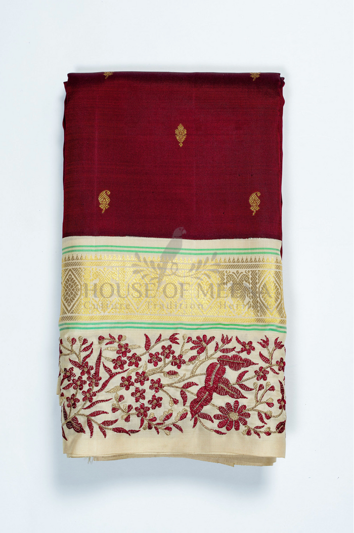 Pure Handloom Kanjivaram Silk Saree – Maroon with Cream Embroidered Floral Vine Border (C017 010)