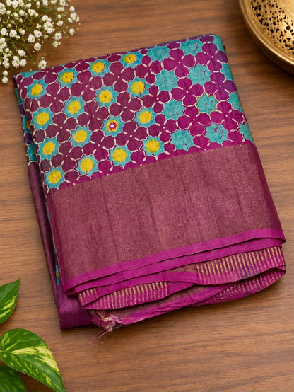 Pure Handloom Tussar Silk Saree – Magenta & Turquoise Floral Batik with Zari Weave & Mirror Cutwork (C017 240)