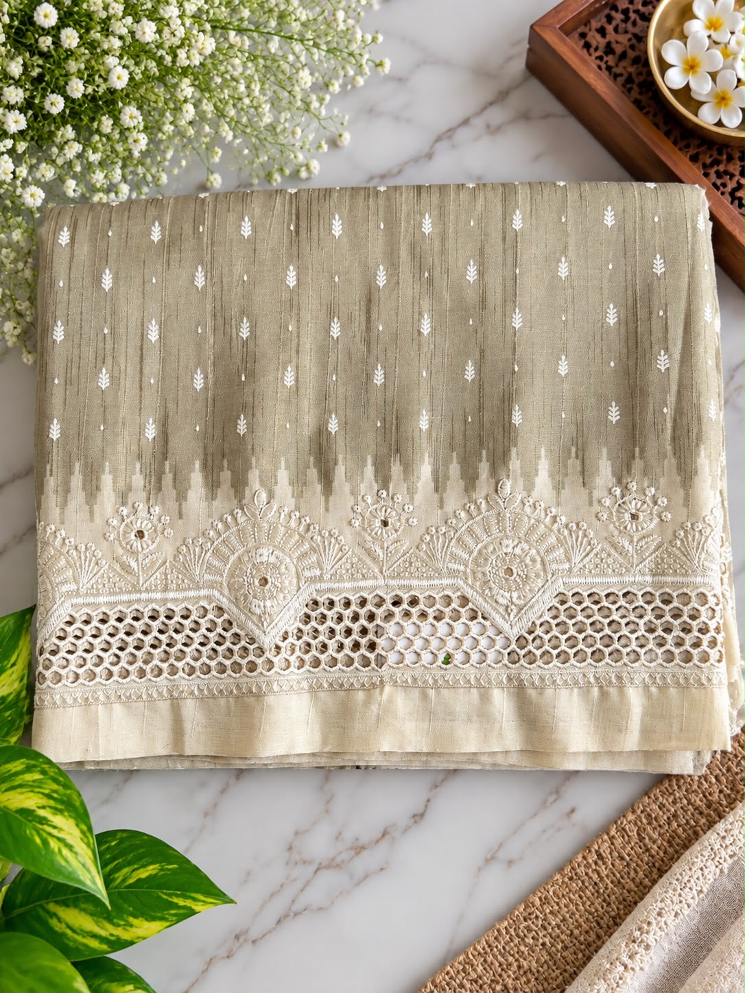 Pure Handloom Tussar Silk Saree – Olive Moss & Cream with Ikat Temple Edge and Scalloped Lace Cutwork Border (C023 046)