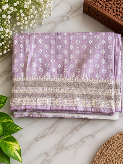 Pure Handloom Tussar Silk Saree – Lavender Lilac with Floral Butis, Polka Accents & Woven Zari Border (C023 042)