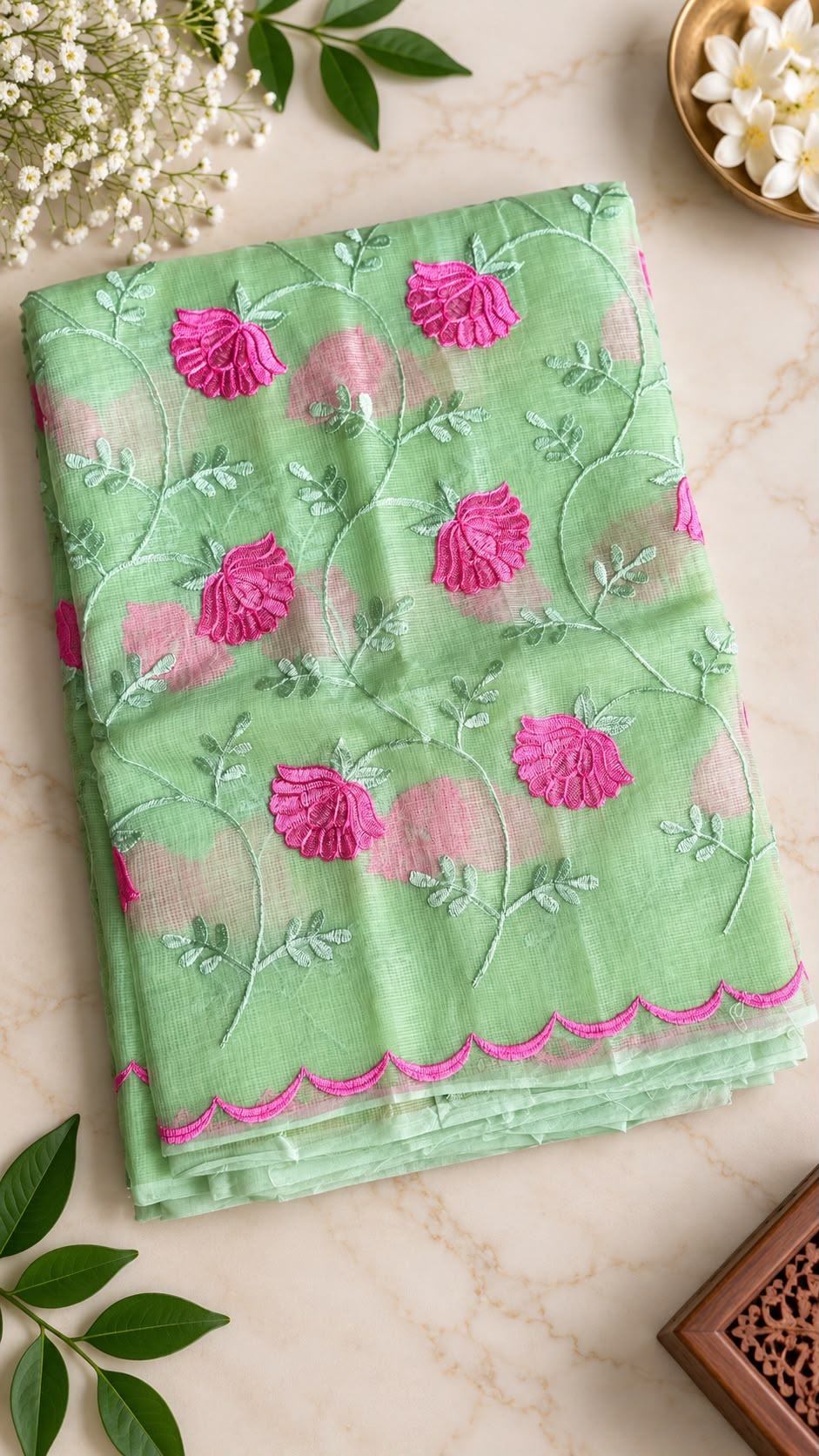 Pure Handloom Kota Doria Saree – Apple Green with Pink Floral Vine Embroidery & Scalloped Border (C09 035)