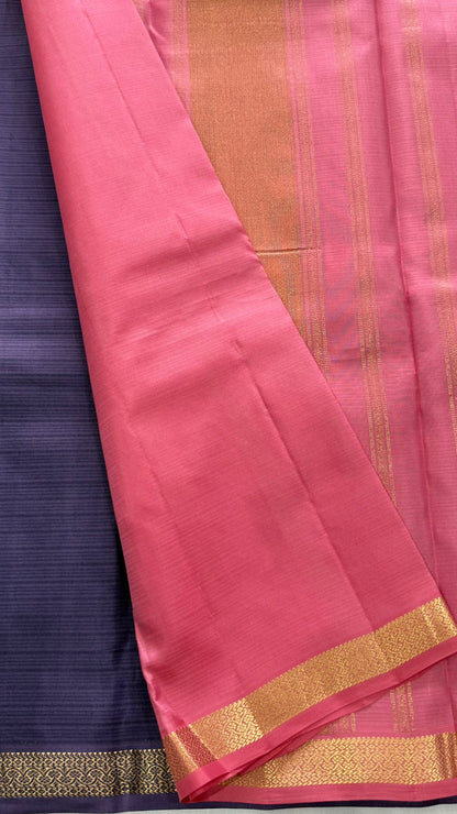 Pure Handloom Kanjivaram Silk Saree – Deep Royal Purple with Pastel Pink Contrast Pallu (C019-002)
