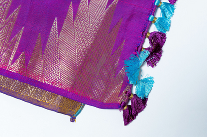 Pure Handloom Silk Saree – Turquoise Blue with Majestic Temple Zari Border (Includes Ready-Stitched Blouse) (C016 009)