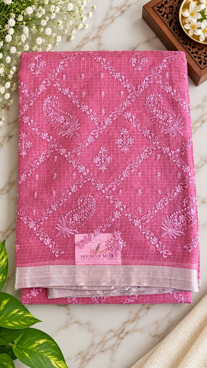 Pure Handloom Kota Doria Saree – Dusty Rose Pink with Chikankari-Inspired Paisley Jaal & Silver Zari Border (C020 054)