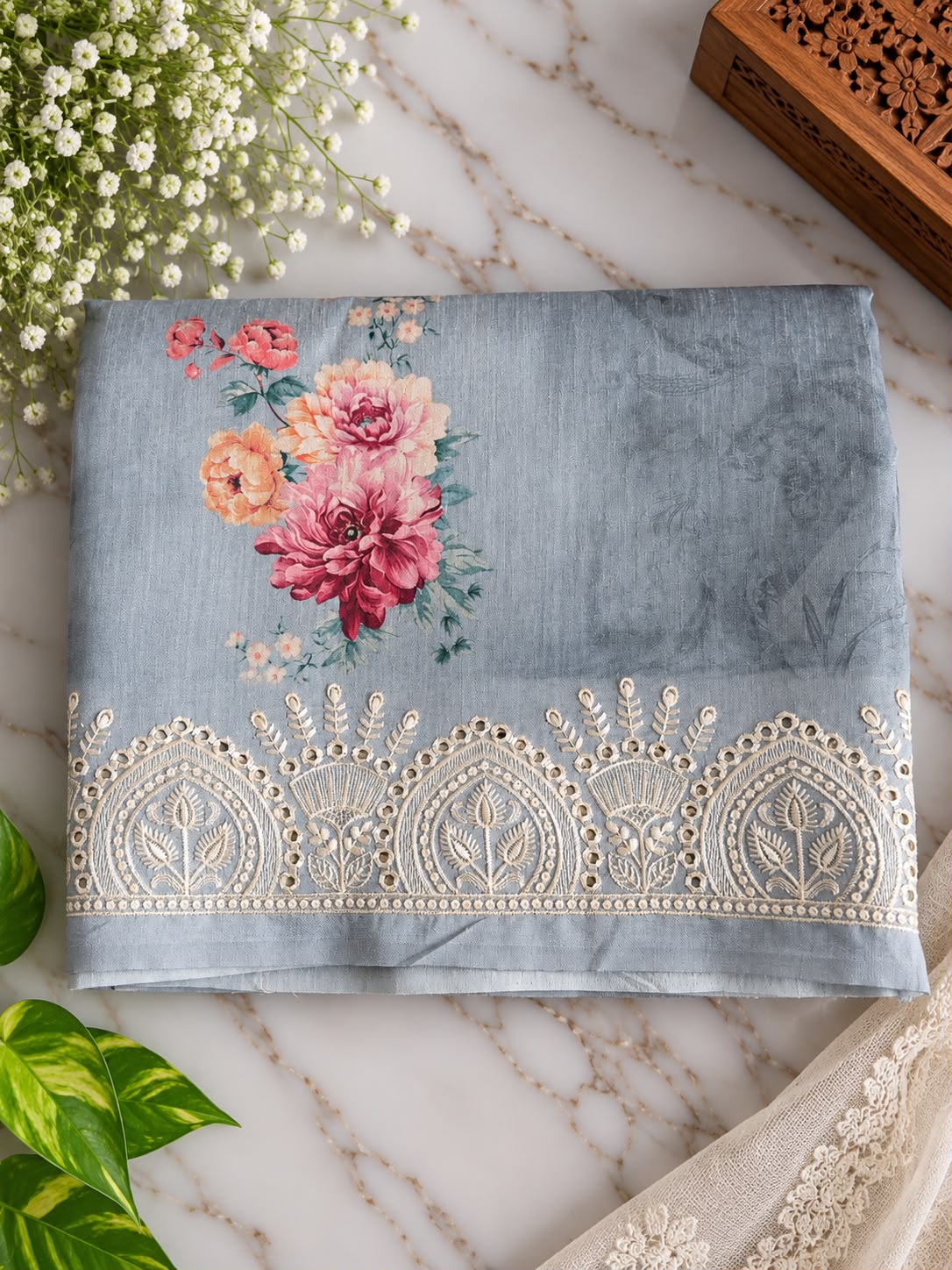 Pure Handloom Tussar Silk Saree – Smoky Slate Grey with Floral Digital Print, Embroidered Butis & Cutwork Lace Border (C023 047)