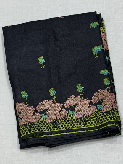 Pure Handloom Tussar Silk Saree – Charcoal Black with Cross-Stitch Floral Motifs & Lime Green Cutwork Border (C017 231)