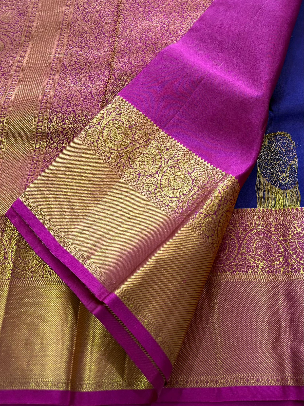 Pure Handloom Kanjivaram Silk Saree – Deep Navy Indigo with Royal Paisley & Mandala Antique Zari Border (C017-073)