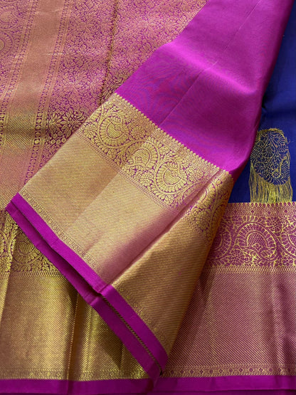 Pure Handloom Kanjivaram Silk Saree – Deep Navy Indigo with Royal Paisley & Mandala Antique Zari Border (C017-073)
