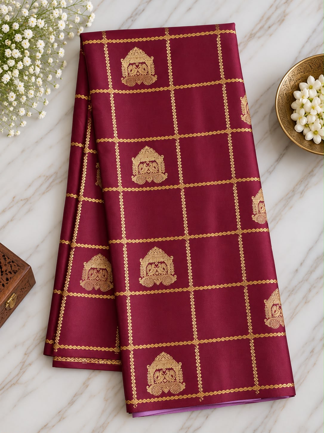 Pure Mysore Crepe Silk Saree – Maroon & Lilac with Golden Zari Checks, Mayil Motifs & Striped Pallu (C023 80)