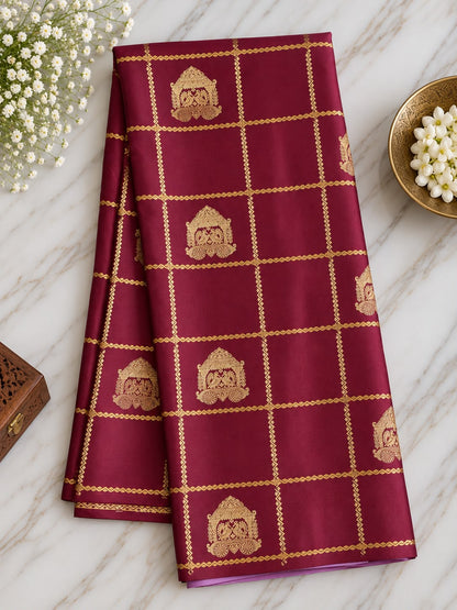 Pure Mysore Crepe Silk Saree – Maroon & Lilac with Golden Zari Checks, Mayil Motifs & Striped Pallu (C023 80)