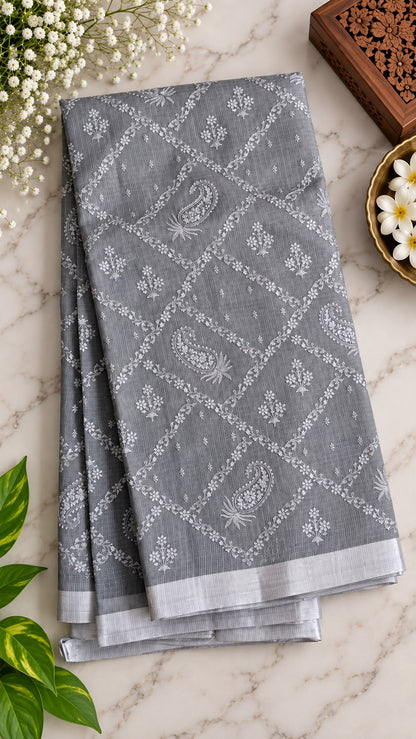 Handloom Kota Doria Saree – Slate Grey with Chikankari-Inspired Paisley Jaal & Silver Zari Border (C020 052)