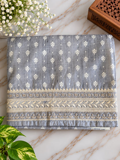 Pure Handloom Tussar Silk Saree – Charcoal Grey with Floral Butis, Polka Accents & Woven Zari Border (C023 041)