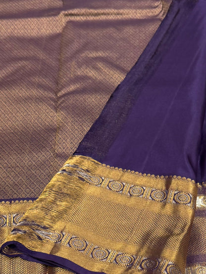 Pure Handloom Kanjivaram Silk Saree – Deep Violet-Purple with Heritage Mandala Gold Zari Border (C019-006)