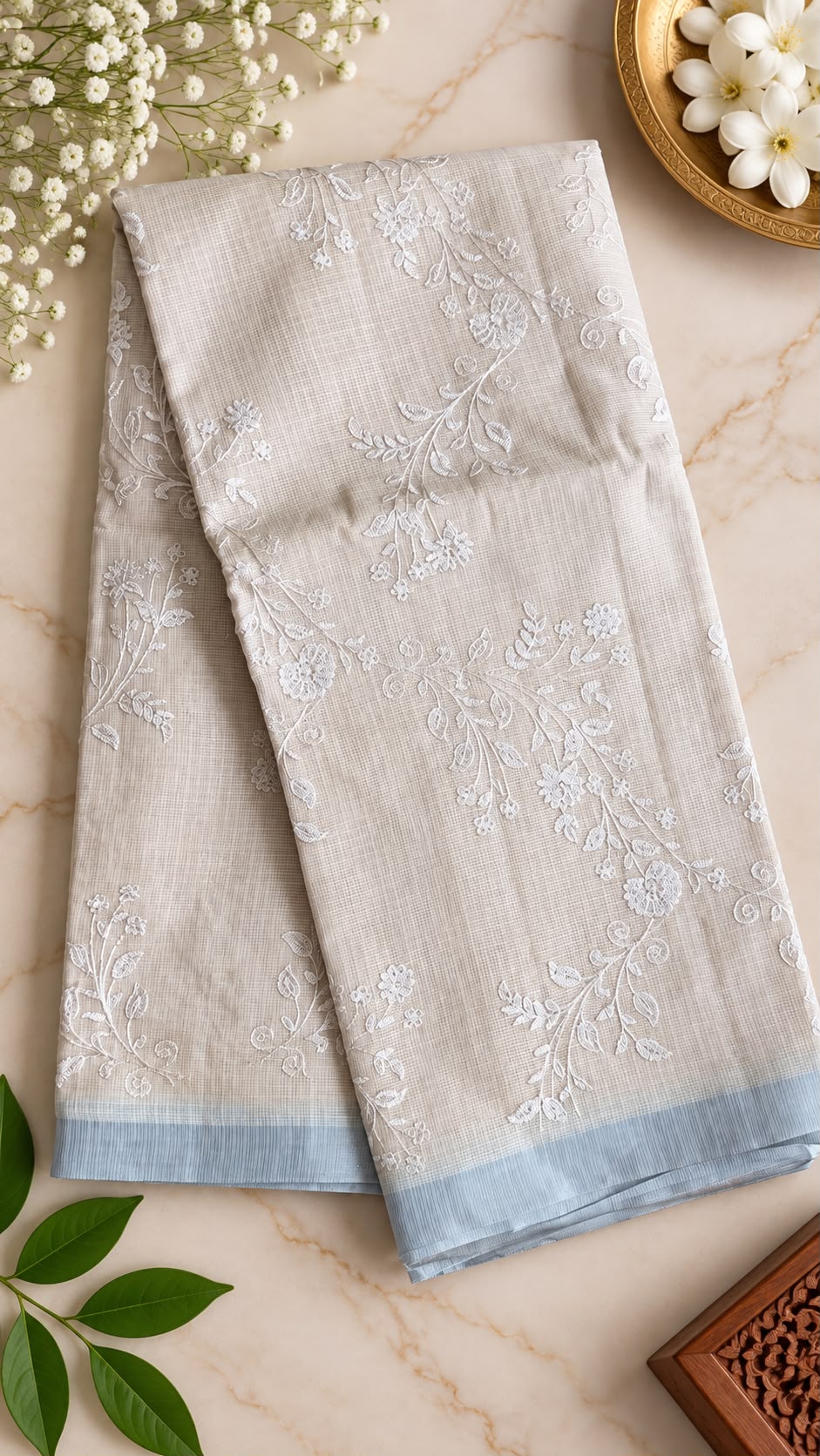 Pure Handloom Kota Doria Saree – Beige & Ivory with Delicate Floral Vine Embroidery & Ice Blue Zari Border (C020 050)