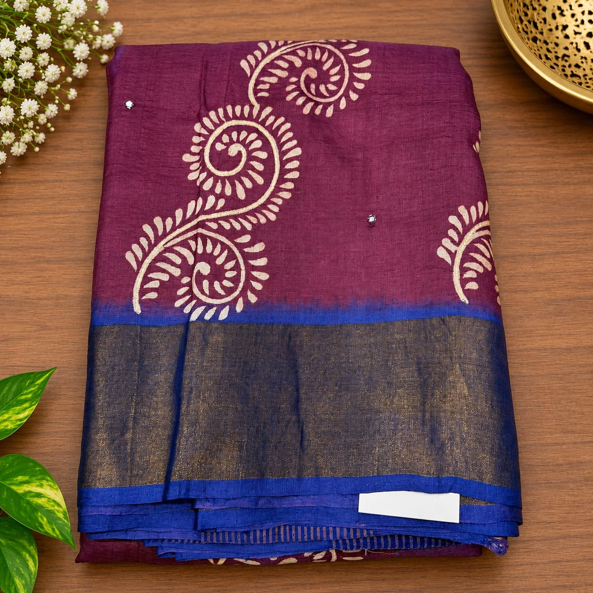 Pure Handloom Tussar Silk Saree – Wine Plum & Royal Blue Dual Tone with Floral Batik & Mirror Cutwork Border (C017 242)