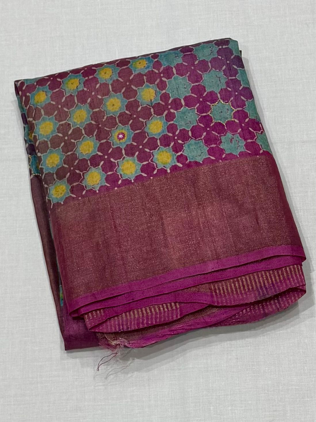Pure Handloom Tussar Silk Saree – Magenta & Sea Green with Floral Batik Print, Zari Waves & Mirror Cutwork (C017-240)