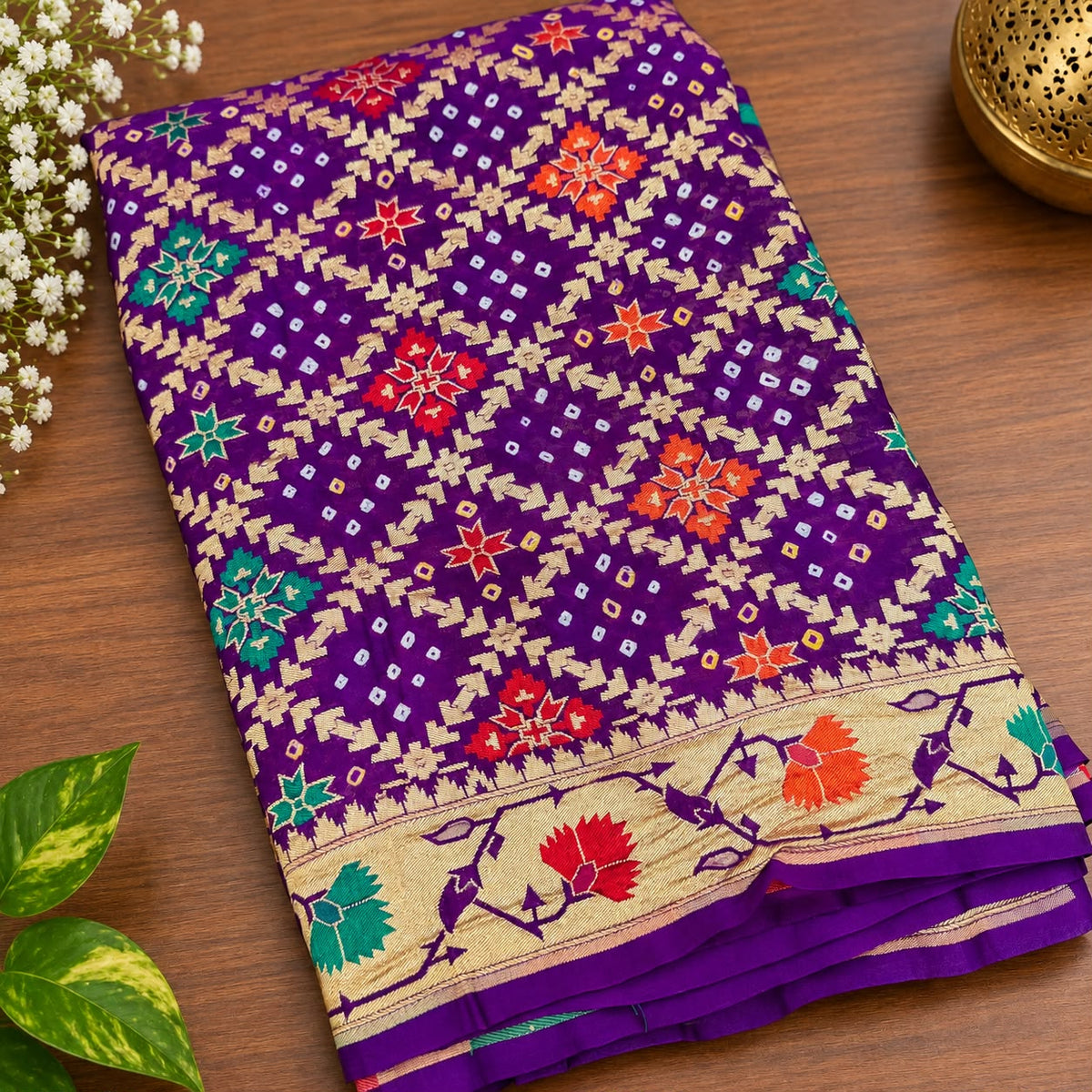 Pure Georgette Banarasi Bandhani Saree – Royal Purple with Meenakari Floral Jaal & Zari Border (C017 274)
