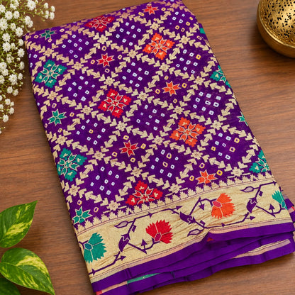 Pure Georgette Banarasi Bandhani Saree – Royal Purple with Meenakari Floral Jaal & Zari Border (C017 274)