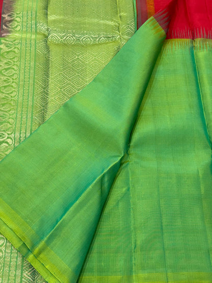 Pure Handloom Kanjivaram Silk Saree – Crimson Red & Parrot Green Half-and-Half Drape (C019-011)
