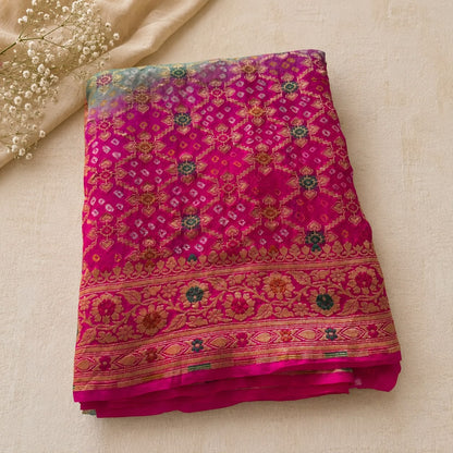 Classic Bandhani Saree with Intricate Zari Motifs and Contrast Border (C011 027)