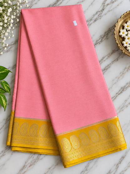 Pure Mysore Crepe Silk Saree – Pastel Pink & Mustard Yellow with Paisley Zari Border & Temple Motif (C023 082)