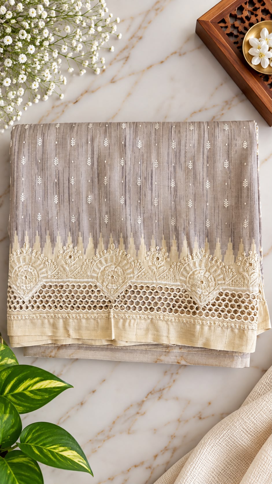 Semi Tussar Silk Saree – Dove Grey & Cream with Ikat Temple Transition and Scalloped Lace Cutwork Border (C023 045)