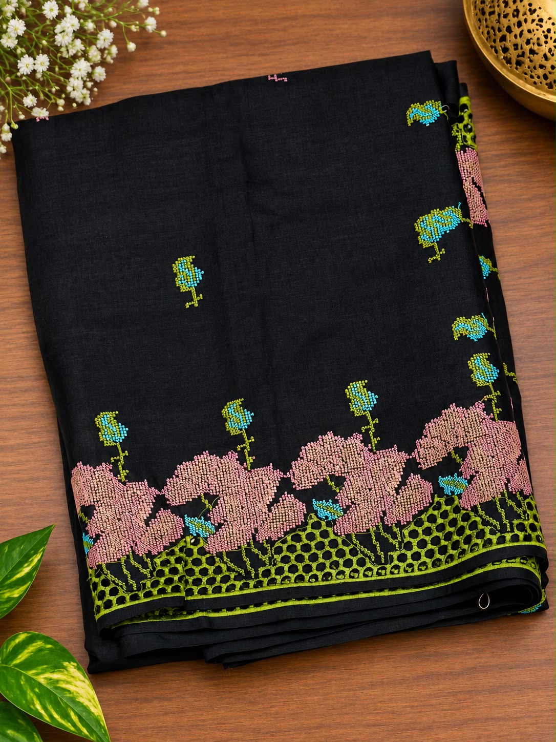 Pure Handloom Tussar Silk Saree – Midnight Charcoal with Cross-Stitch Floral Motifs & Lime Honeycomb Cutwork Border (C017 231)