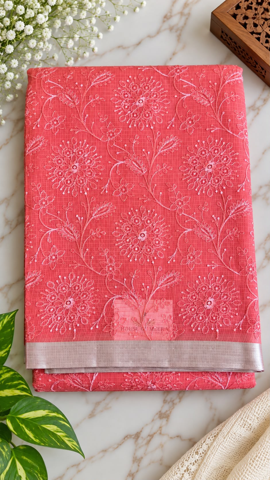 Pure Handloom Kota Doria Saree – Coral Peach with All-Over Floral Mandala Embroidery & Silver Zari Border (C020 051)