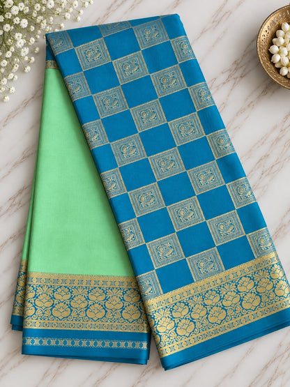 Pure Mysore Crepe Silk Saree – Pastel Pink & Mustard Yellow with Paisley Zari Border & Temple Motif (C023 078)