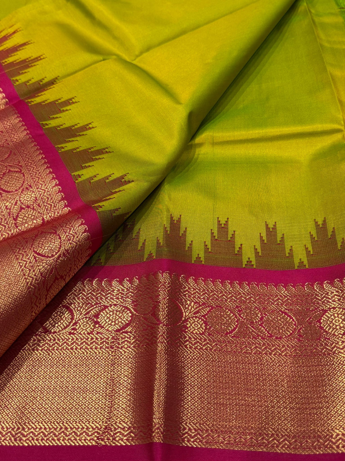 Elegant Lime Green Saree with Contrast Pink Temple Border (co17 59)