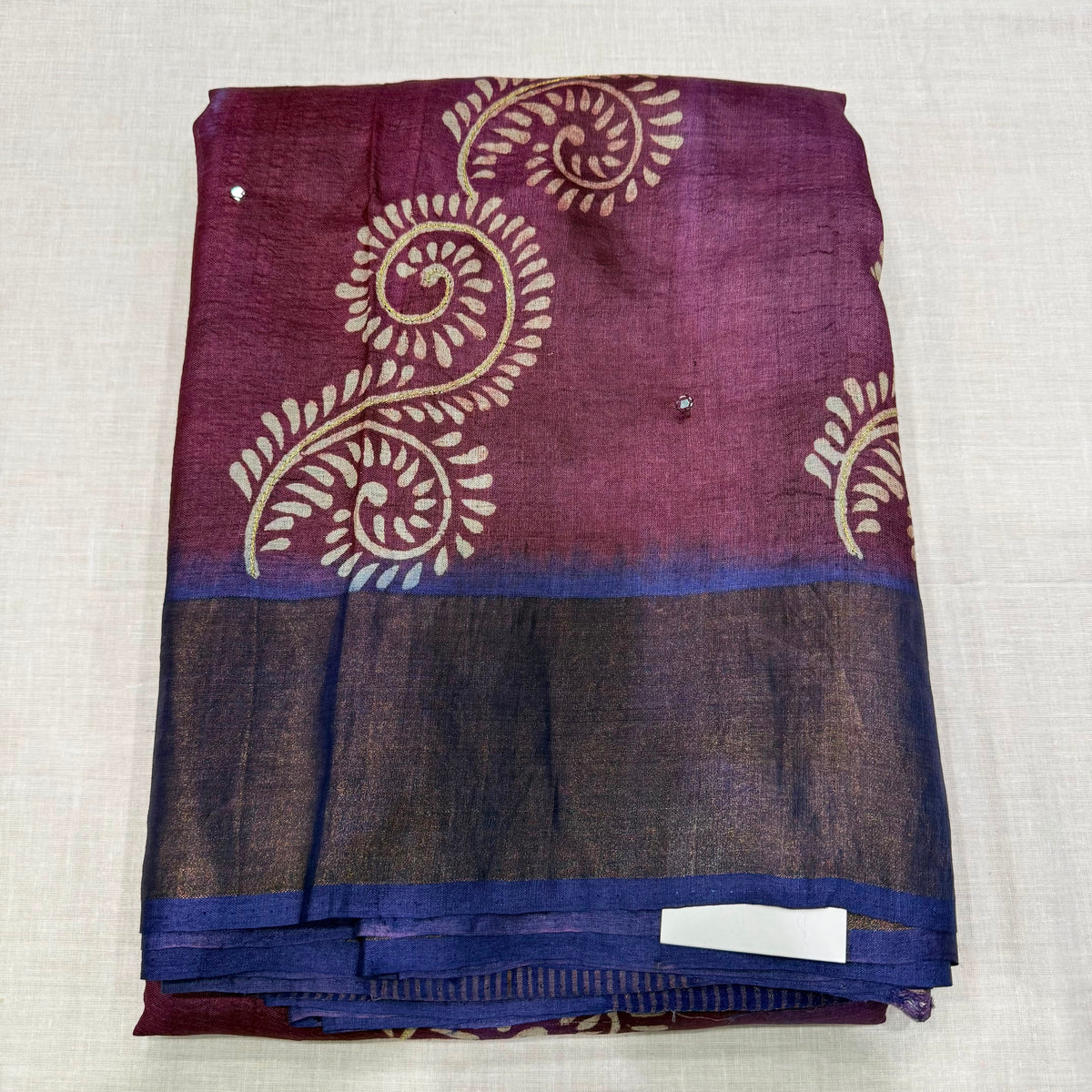 Handloom Tussar Silk Saree – Plum & Royal Blue Dual Tone with Cutwork Mirror Embroidery and Batik Motifs (co17 242)