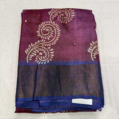 Handloom Tussar Silk Saree – Plum & Royal Blue Dual Tone with Cutwork Mirror Embroidery and Batik Motifs (co17 242)