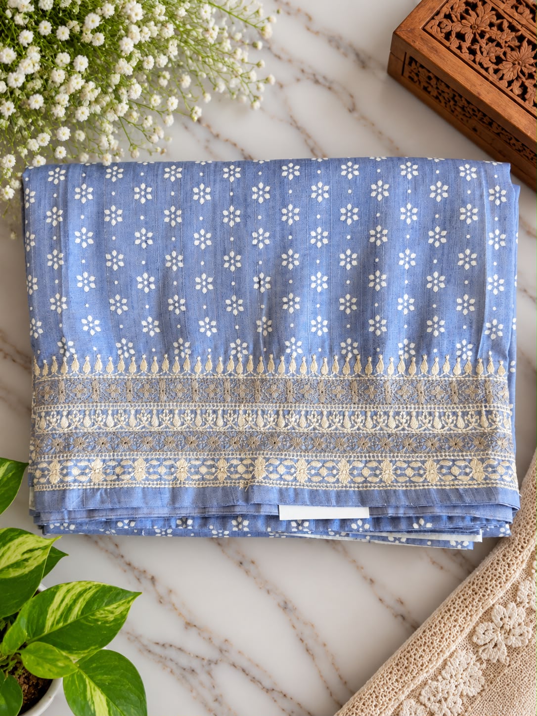 Pure Handloom Tussar Silk Saree – Powder Blue with Floral Jaal, Polka Print & Silver Zari Border (C023 040)