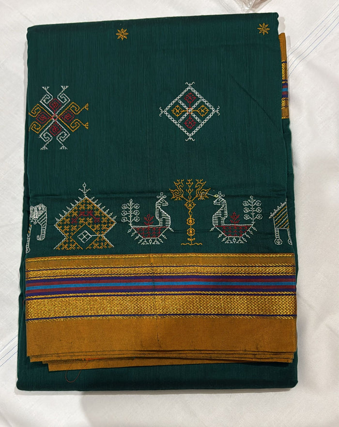 Authentic Forest Green Saree with Traditional Gold Border (C019 063)