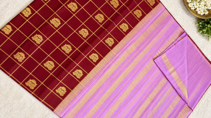Pure Mysore Crepe Silk Saree – Maroon & Lilac with Golden Zari Checks, Mayil Motifs & Striped Pallu (C023 80)