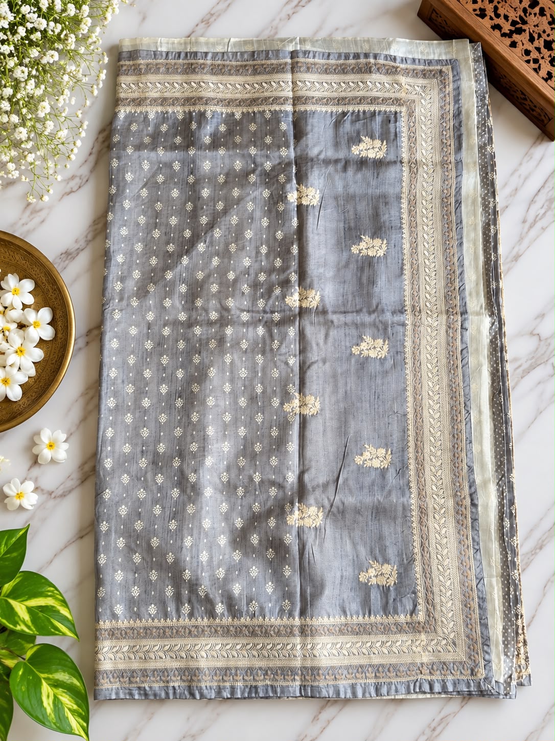 Pure Handloom Tussar Silk Saree – Charcoal Grey with Floral Butis, Polka Accents & Woven Zari Border (C023 041)